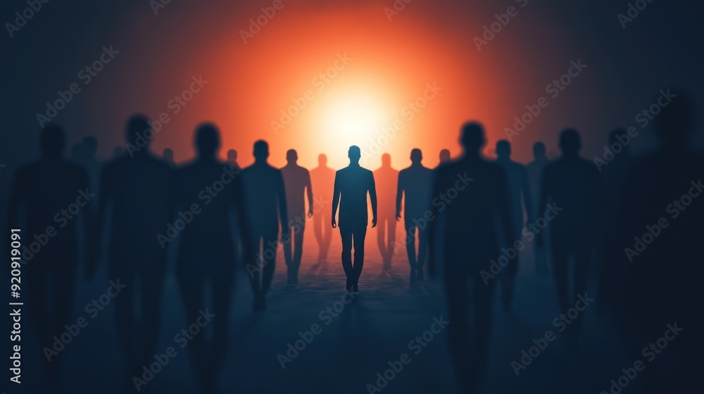 Fototapeta premium Silhouettes of diverse people walking towards a bright light, symbolizing the journey towards moral justice.