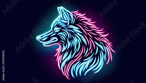 Wallpaper Mural Neon wolf head silhouette with flowing fur Retro futuristic style Dark background Synthwave aesthetic Digital art Wild animal design Torontodigital.ca