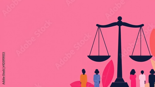 Justice scales with diverse human figures, inclusivity and morality, flat design illustration