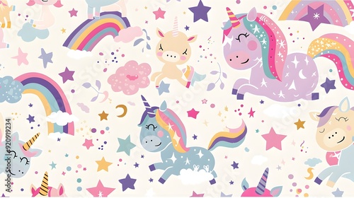 Cute Unicorn Pattern with Rainbows and Stars