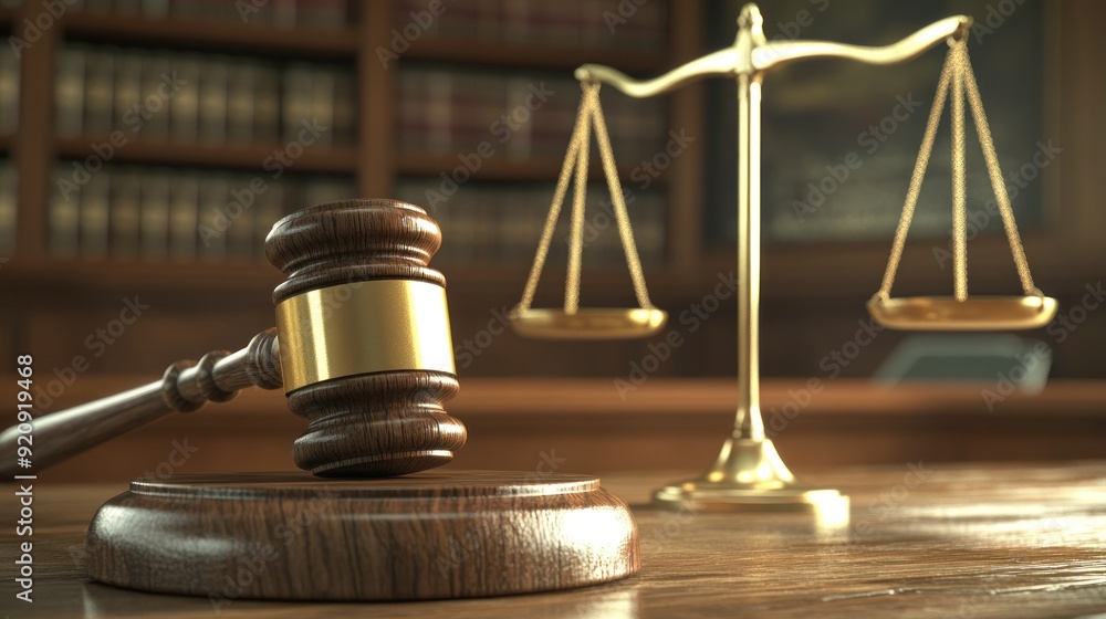 Realistic wooden gavel on a table with a blurred golden scales of justice in the background, depicting a court concept. 3D rendered illustration. Realistic wooden gavel on a table with a blurred golden scales of justice in the background, depicting a court concept. 3D rendered illustration.