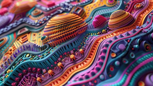 Colorful, textured landscape showcases an intricate mix of vibrant patterns and shapes that evoke imagination and creativity