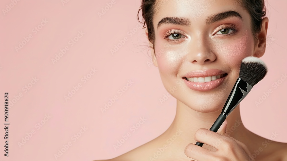 Fototapeta premium Glamorous Woman Applying Foundation with Cosmetic Brush - Beauty Makeup Process with Tools and Products