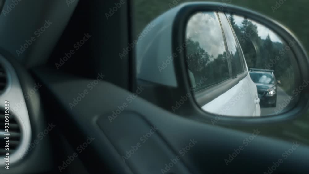 Reflection in mirror of car driving through summer landscape in faraway travel destination at sunny day. Beautiful travelling wanderlust inspiration and adventure concept. Slow motion Reflection in mirror of car driving through summer landscape in faraway travel destination at sunny day. Beautiful travelling wanderlust inspiration and adventure concept. Slow motion