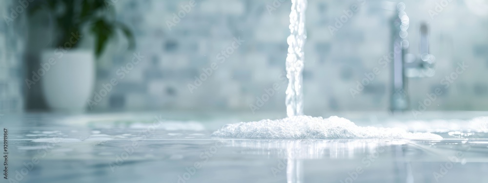 A tight shot of a faucet dispensing water, with a potted plant visible behind A tight shot of a faucet dispensing water, with a potted plant visible behind