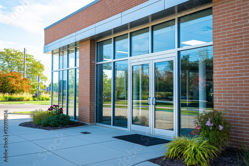  Modern vet clinic exterior with large glass windows and brick facade, surrounded by landscaped greenery, illustrating healthcare and veterinary services environment