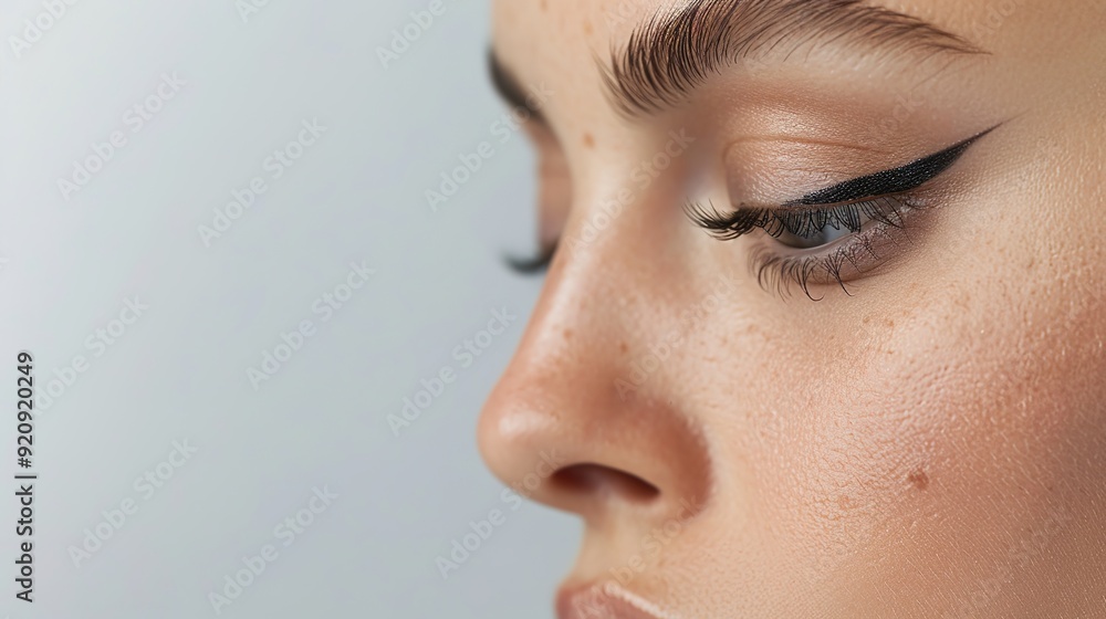 Glamorous Woman with Cat-Eye Eyeliner, Classic Beauty Makeup Close-Up Glamorous Woman with Cat-Eye Eyeliner, Classic Beauty Makeup Close-Up