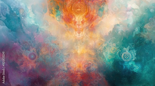 Ethereal abstract composition with a fusion of sacred symbols and gentle hues, promoting spiritual unity