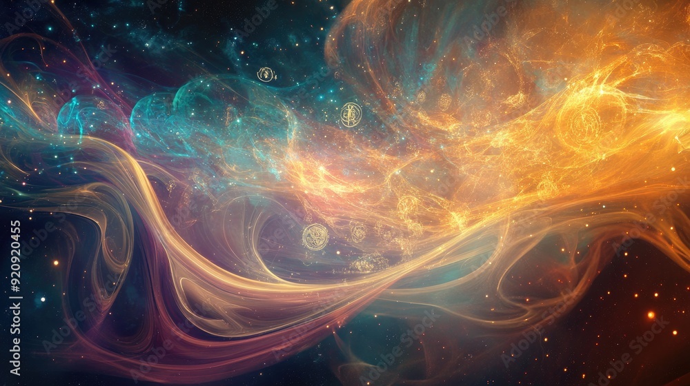 Ethereal abstract design incorporating symbols of major religions, with ...