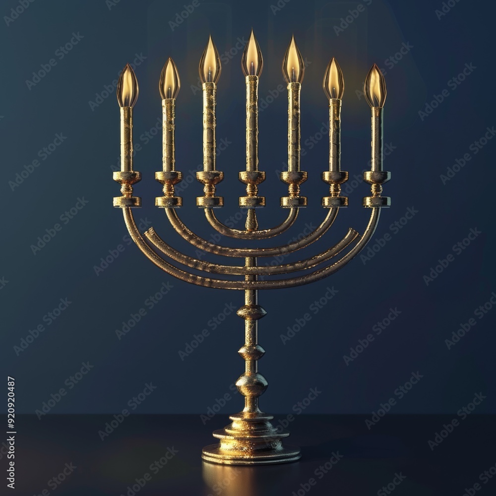 A 3D render of a golden menorah on a dark blue background, ideal for a Hanukkah banner with ample A 3D render of a golden menorah on a dark blue background, ideal for a Hanukkah banner with ample
