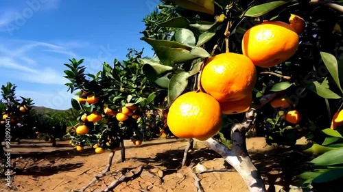 A vibrant orange orchard under bright sunlight, showcasing ripe fruit and elements of rural farming.
