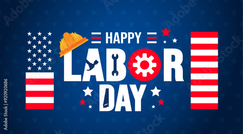 USA Happy Labor Day celebration background or banner design template with American flag. Labour day Safety hard hat and Construction tools background. use to card, poster, placard, card template.