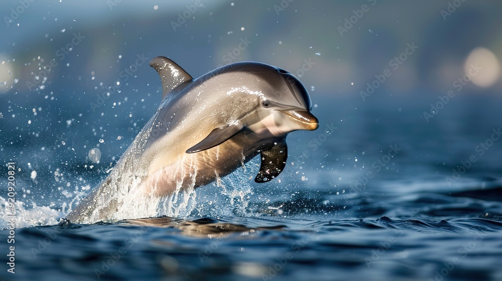 Obraz premium Playful Dolphin Leaping from Sparkling Ocean Waves in Sunlight