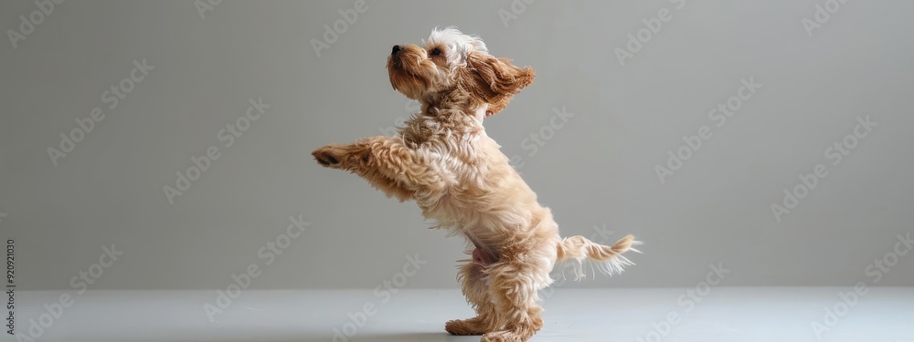 A small brown dog stands on its hind legs, paws up A small brown dog stands on its hind legs, paws up