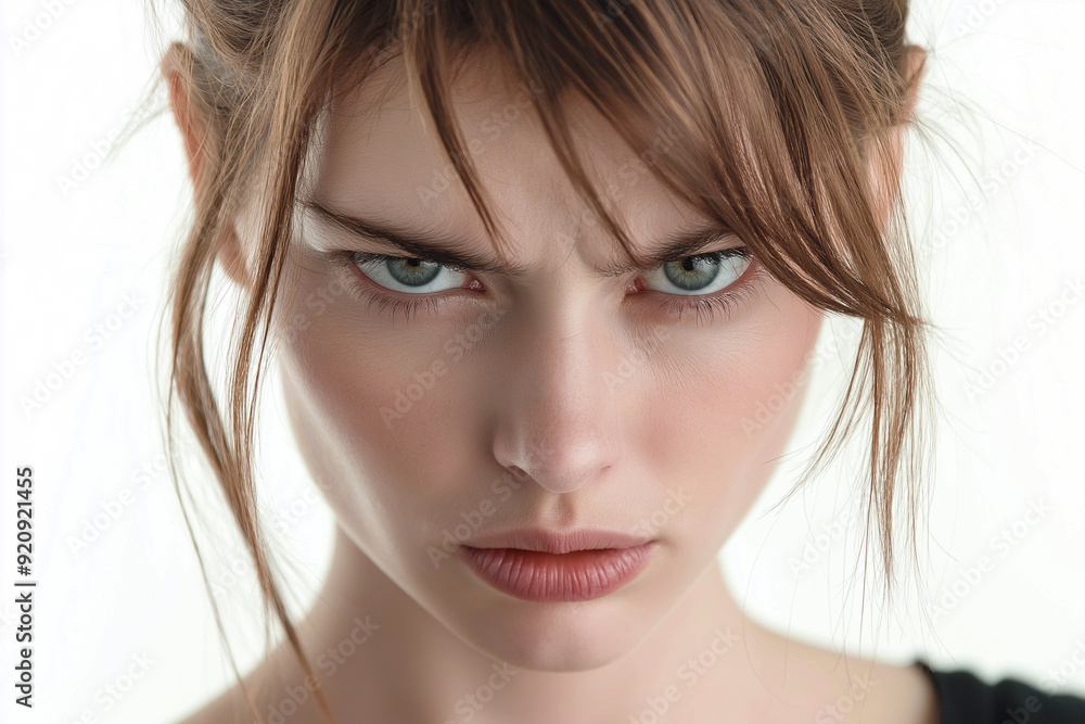 Young woman, European appearance, with an angry expression on her face, emotions, on a white background, medium plan Young woman, European appearance, with an angry expression on her face, emotions, on a white background, medium plan