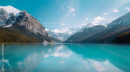 serene beauty of an alpine lake surrounded by snow-capped peaks. 