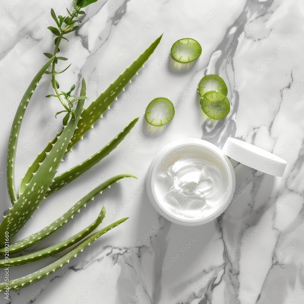photo a natural organic cream jar with sliced aloe vera stems on a marble background, highlighting photo a natural organic cream jar with sliced aloe vera stems on a marble background, highlighting