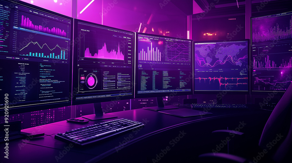 Computer monitor displaying an abstract network monitoring dashboard with real-time data analytics, graphs, and system health indicators. Computer monitor displaying an abstract network monitoring dashboard with real-time data analytics, graphs, and system health indicators.