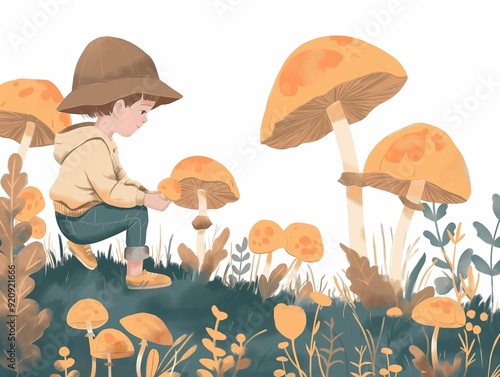 Child picking up mushrooms illustration. AI generated