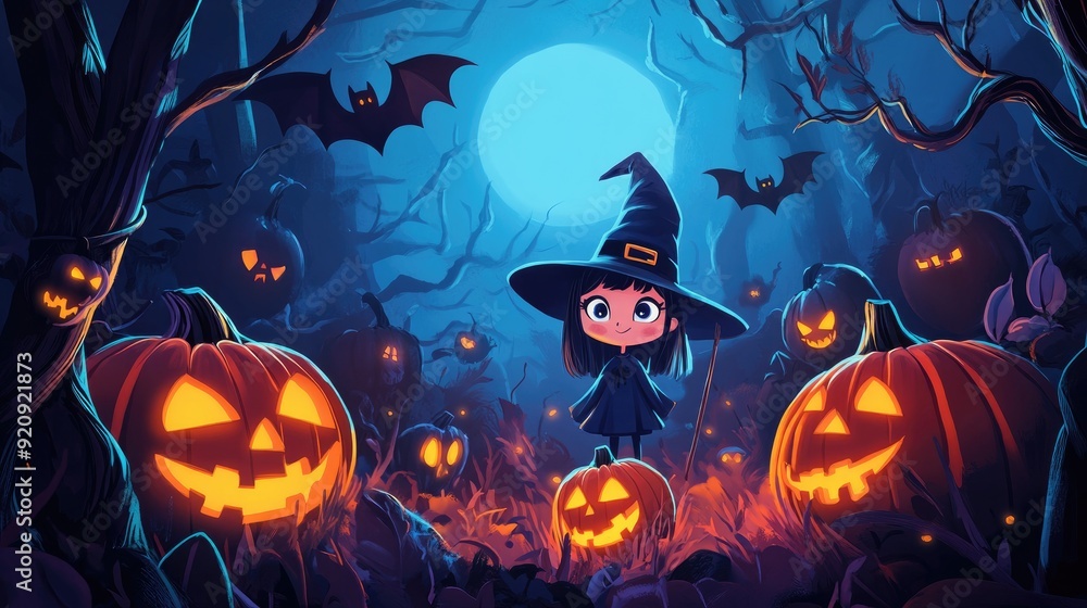 Fototapeta premium Fun Halloween cartoon featuring cute witches, glowing jack-o'-lanterns, and bats, with a blank area in the center for your message.