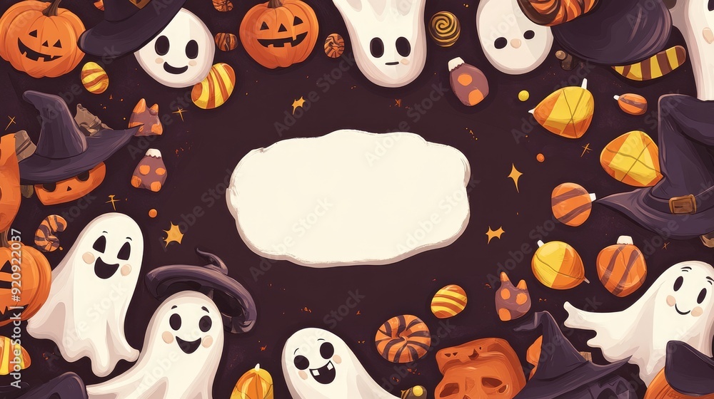 Fototapeta premium Fun Halloween cartoon with smiling ghosts, witches hats, and candy, featuring a blank area in the middle for personalized text.