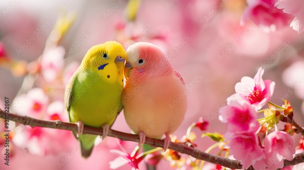 Serene Moment of Love: Pair of Lovebirds Cuddling on Blooming Cherry Blossom Branch Serene Moment of Love: Pair of Lovebirds Cuddling on Blooming Cherry Blossom Branch