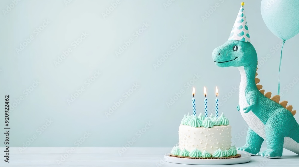 Fototapeta premium Cute birthday cake with candles and a dinosaur topper, surrounded by yellow balloons against a light blue background.