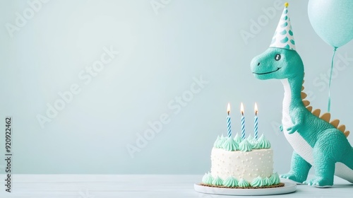 Fototapeta Naklejka Na Ścianę i Meble -  Cute birthday cake with candles and a dinosaur topper, surrounded by yellow balloons against a light blue background.