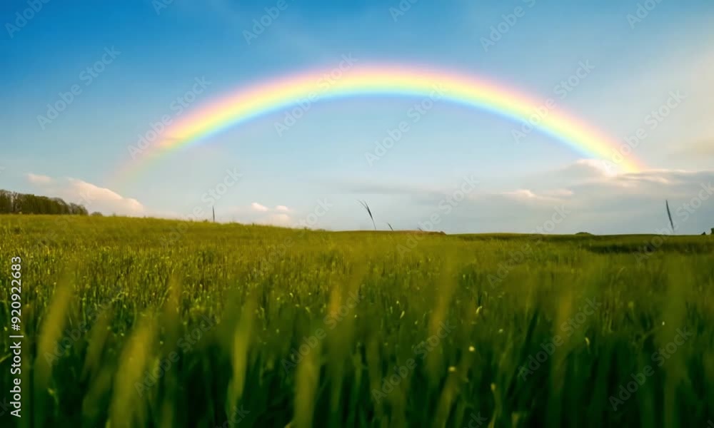 Green fields and blue skies with fluffy white clouds. A rainbow arches across the sky. A gentle breeze sways the tall grass Green fields and blue skies with fluffy white clouds. A rainbow arches across the sky. A gentle breeze sways the tall grass