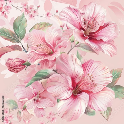 Pink Blossoms in Spring. Watercolor Floral Pattern for Textiles and Girls' Room Wallpaper