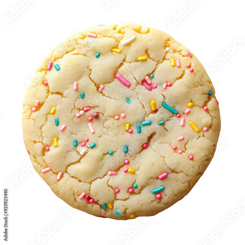Big sugar cookie with birthday sprinkles isolated photo, view from above
