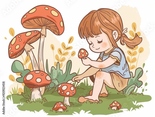 Child picking up mushrooms illustration. AI generated photo