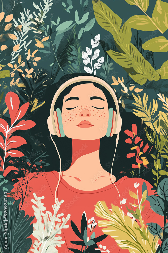Illustration of woman in headphones in leaves Illustration of woman in headphones in leaves