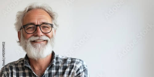 Portrait of a senior smiling man wearing plaid shirt isolated on white background.