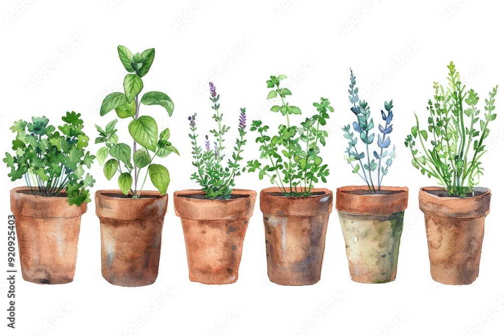 Rustic Kitchen Herb Garden. Hand-drawn Watercolor Illustration of Fresh Herbs in Pots Rustic Kitchen Herb Garden. Hand-drawn Watercolor Illustration of Fresh Herbs in Pots