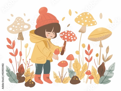 Child picking up mushrooms illustration. AI generated photo