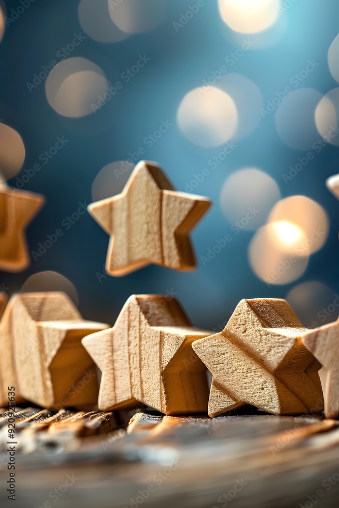 Wooden Stars on Blue Background with Bokeh. Wooden Stars on Blue Background with Bokeh.