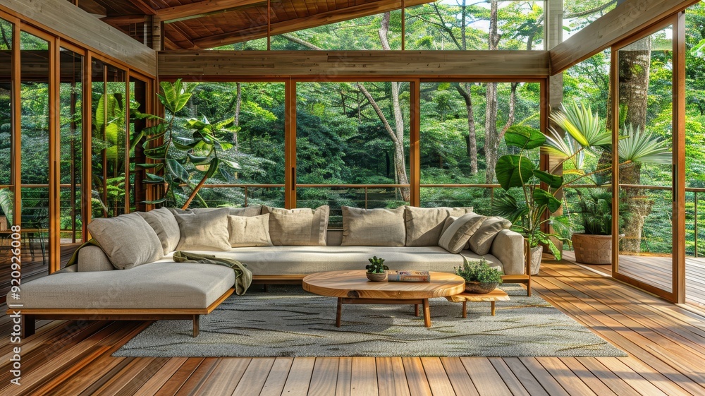 Fototapeta premium A modern living room with light wooden floors, a soft beige sofa, and expansive windows that let in plenty of sunlight
