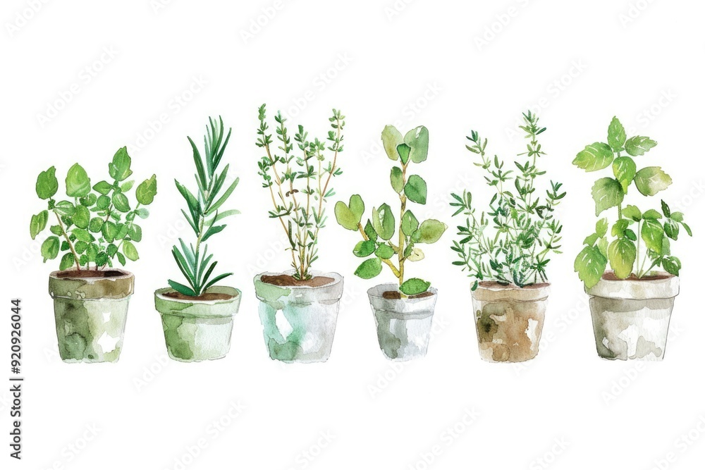 Obraz premium Rustic Kitchen Herbs. Hand-Drawn Watercolor Illustration for Cooking Decor