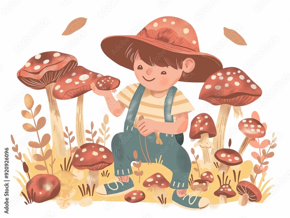 Fototapeta premium Child picking up mushrooms illustration. AI generated