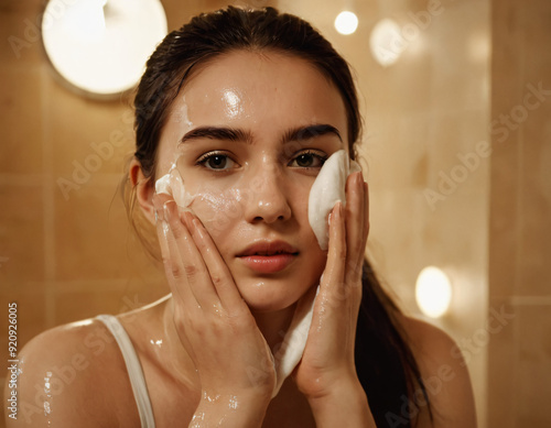 A beautiful girl taking care of her skin washing face with facewash