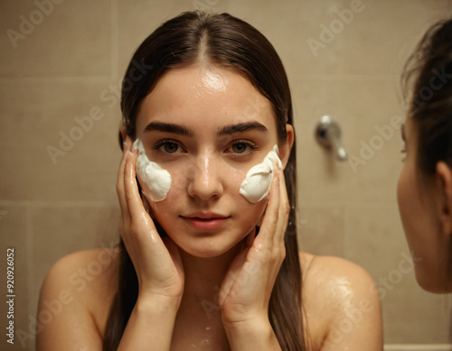 A beautiful girl taking care of her skin washing face with facewash