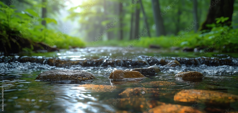 quiet nature landscape small creek flow in green forest with sunlit, quiet nature landscape small creek flow in green forest with sunlit,