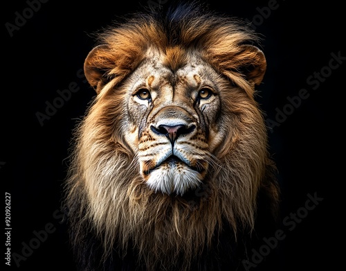 A majestic lion with a thick mane stares intensely at the camera against a black background.