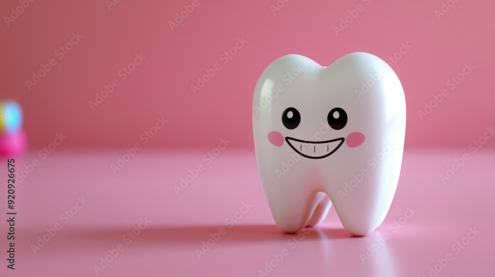 A white cartoon tooth with a happy face smiles on a pink background. A white cartoon tooth with a happy face smiles on a pink background.