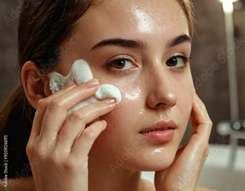 A beautiful girl taking care of her skin washing face with facewash