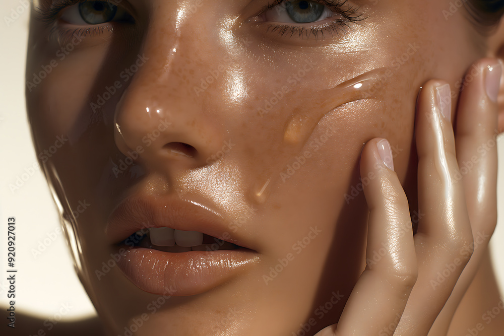 Close-Up of Woman Applying Clear Serum: Hyperrealistic Beauty Magazine Style with High-Definition Details Close-Up of Woman Applying Clear Serum: Hyperrealistic Beauty Magazine Style with High-Definition Details
