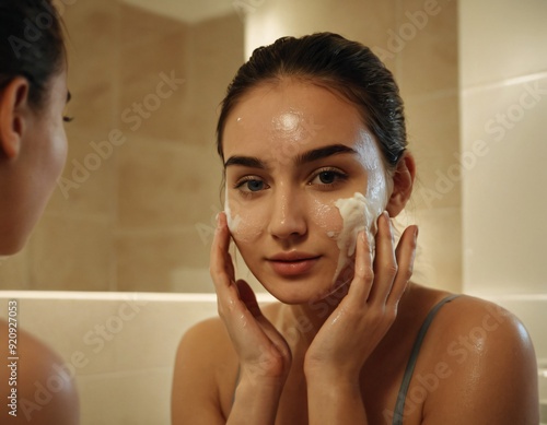 A beautiful girl taking care of her skin washing face with facewash