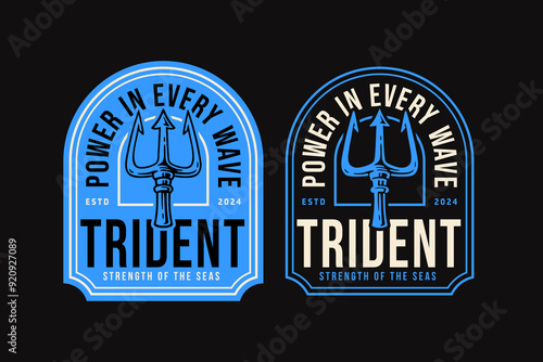 Trident neptune retro badge logo design graphic for navy shipping company brand identity. Trident deep sea vintage emblem logo collection for nautical wanderlust and adventure