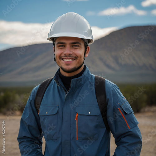 Outdoor Engineer with Backpack Smiling in Mountainous Terrain